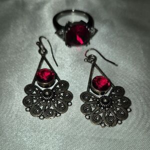 Silver And Red/clear Quartz Ring Set